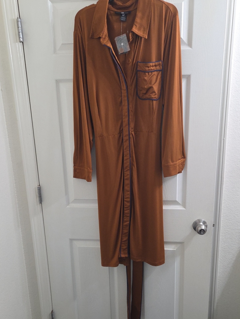 Ashley Stewart Long Sleeve Caramel Cafe Dress Trimmed In Blue